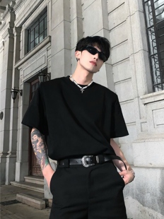 01hstudios韩国黑色重磅垫肩短袖，男夏季百搭纯色，t恤高级感内搭