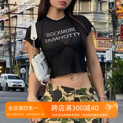 粉色芒果美式复古烫银字母网纱T恤女圆领透视印花纯欲辣妹短上衣