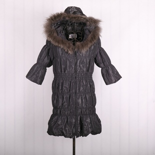 冬季时尚貉子毛领，连帽拉链七分袖中长款直筒松紧，弹性棉衣棉服女装