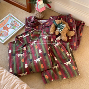 四季磨毛纯棉睡衣圣诞红，格娃娃领卡通韩系开衫，长袖长裤女士家居服