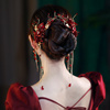 新娘敬酒服头饰红色对夹，发饰简单大气结婚礼服，新中式秀禾服配饰品