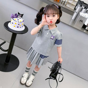女童学院风休闲运动套装2024夏装儿童短袖Polo领百褶裙裤两件套