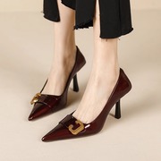 暗红色漆皮金属高跟鞋，女2024年春季性感尖头，细跟浅口气质单鞋