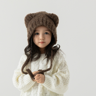 儿童帽子秋冬季女童毛线帽，宝宝护耳帽可爱小熊，毛绒针织帽男童冬款