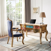 香槟色美式轻奢电脑桌复古手绘书桌椅子组合欧式奢华全实木办公桌