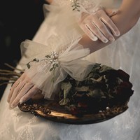 新娘婚纱蕾丝白色，镂空镶钻婚庆手套