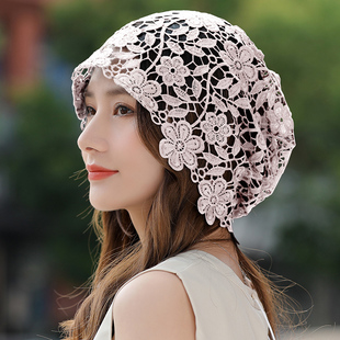 花朵帽子女士春夏季薄款遮白发，帽子镂空透气堆堆帽洋气，蕾丝包头帽(包头帽)