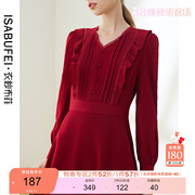 衣纱布菲红珠甜美红色雪纺，连衣裙秋装女2023年蝴蝶结v领短裙