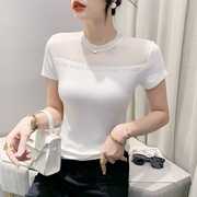 气质减龄字母印花t恤女短袖性感网纱拼接透气白色上衣洋气半袖衫