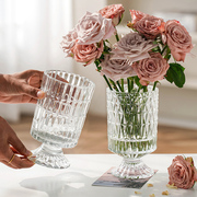 法式复古轻奢浮雕餐桌透明高脚水晶玻璃花瓶鲜花插仿真花花器摆件