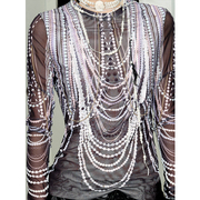 TRINITE*Pearl Top 原创设计珍珠叠搭印花网纱长袖上衣打底衫