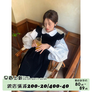馨帮帮气质韩系复古小飞袖连衣裙+娃娃，领长袖衬衫套装两件套2024