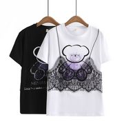 夏季休闲上衣胖mm设计感圆领紫色小熊假两件蕾丝拼接大码t恤