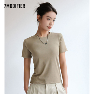 拉夏贝尔7M2024年夏季圆领短袖女韩版打底正肩T恤简单款上衣