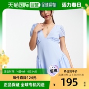 香港直邮潮奢asos女士，设计短袖v领雪纺，迷你矢车菊蓝蓝色连衣裙