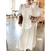 莉莉安安妮森林亚麻天，丝棉酵素柔软洗包扣衬衫，+塔克褶半身裙