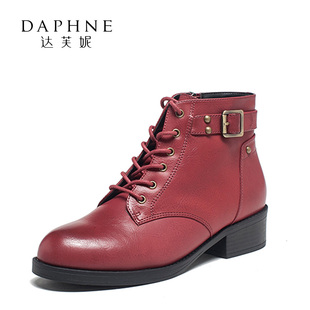 Daphne/达芙妮往年款短筒靴舒适休闲英伦圆头系带牛皮方根马丁靴