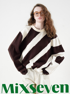 mixseven原创设计红咖色宽松休闲条纹毛衣冬季慵懒圆领针织衫上衣