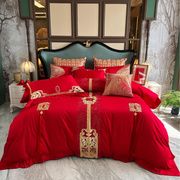 结婚床上用品婚庆家纺红色中式四件套陪嫁婚房布置长绒棉，十件套