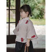女童春夏装中国风儿童旗袍，盘扣粉色上衣，套装表演服唐装古法倒大袖