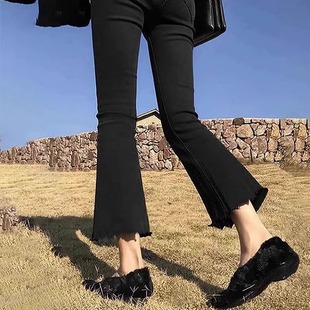 黑色微喇牛仔裤女2024年春季小个子女士显瘦八九分喇叭裤长裤