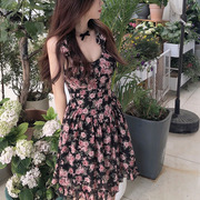 玫瑰碎花吊带连衣裙女2023夏季法式小清新短裙，气质温柔风裙子