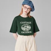 夏季绿色短袖t恤女小众学院风卡通复古宽松纯棉半袖上衣潮牌