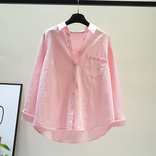 浅粉色小清新拼接长袖，棉布女衬衫2023春季韩范设计感休闲甜美上衣
