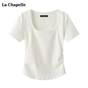 拉夏贝尔/La Chapelle正肩纯色短袖t恤女夏季简约U领短款上衣