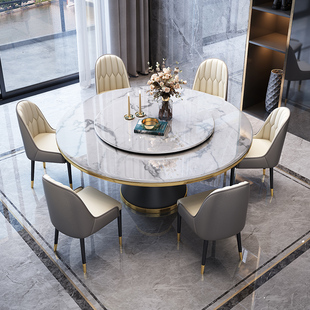 大理石餐桌圆形轻奢高级感大圆桌子带转盘，现代简约家用餐桌椅组合