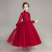 女童长袖公主礼服红色长裙蓬蓬，纱主持生日儿童，婚纱裙钢琴演出秋冬