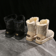 雪地靴女皮面防水中筒短靴，防滑真皮纯羊毛冬季棉鞋保暖加厚靴