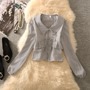 黑白格子娃娃领系带荷叶边长袖衬衫女秋季设计感小众短款上衣