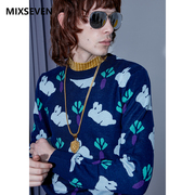 mixseven原创设计复古深宝蓝色男士亲肤套头，毛衣保暖羊毛针织衫