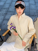 TOPUNA女装2022春装麻布色棉质纸感宽松长袖衬衫米色