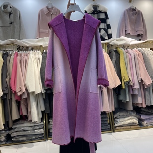 紫色浴袍款连帽系带，修身2023秋冬女中长款韩版修身羊毛呢外套