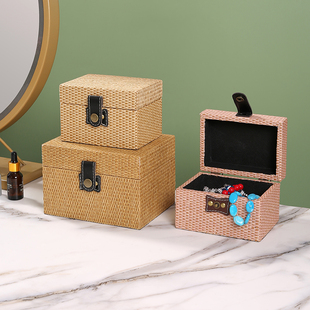 复古仿藤方形小木盒简约精致桌面首饰盒收纳盒杂物整理储物盒