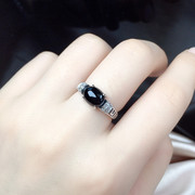 黑色玛瑙宝石戒指女s925纯银天然玉指环时尚简约活口可调节不掉色