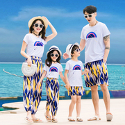 亲子装夏季沙滩裤一家四口家庭装母女套装海边度假沙滩装情侣t恤