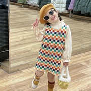 韩版女童2024春季彩色格子毛线背心裙小立领泡泡袖衬衣两件套