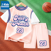 真维斯集团女童套装夏款短袖儿童运动篮球服男童薄款洋气短裤童装