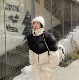 首尔印象韩代 东大门ins风 cool设计感毛绒拼接立领保暖棉服24冬