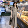 孕妇装夏装时尚娃娃领短袖格子棉麻连衣裙，2023夏季韩版裙子夏
