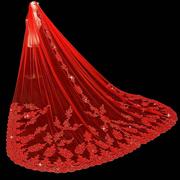 2023红色头纱新娘结婚主婚纱长款拖尾头纱中式婚礼秀禾服红色