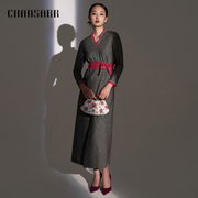 香莎chansarr优雅气质灰色，格纹羊毛开叉连衣裙，蕾丝拼接v领长裙