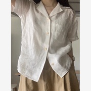 韩系白色亚麻衬衫女薄款2023年夏季文艺，范极简风小西装领短袖衬衣
