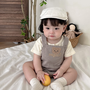韩版婴儿衣服夏装男女宝宝连体衣短袖T恤+小熊背带裤包屁衣套装薄