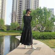 袖美江南民族风女装2024提花，松紧腰黑色，长裙子半身裙植绒花