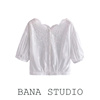 bana外贸镂空花边收腰短款白色中袖衬衫，2022夏甜美(夏甜美)韩系上衣小个子