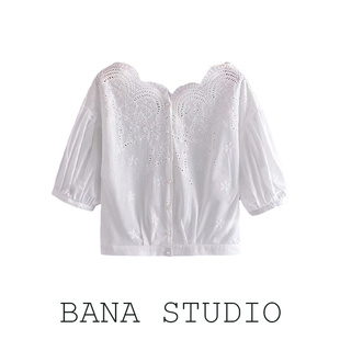 BANA外贸镂空花边收腰短款白色中袖衬衫2022夏甜美韩系上衣小个子